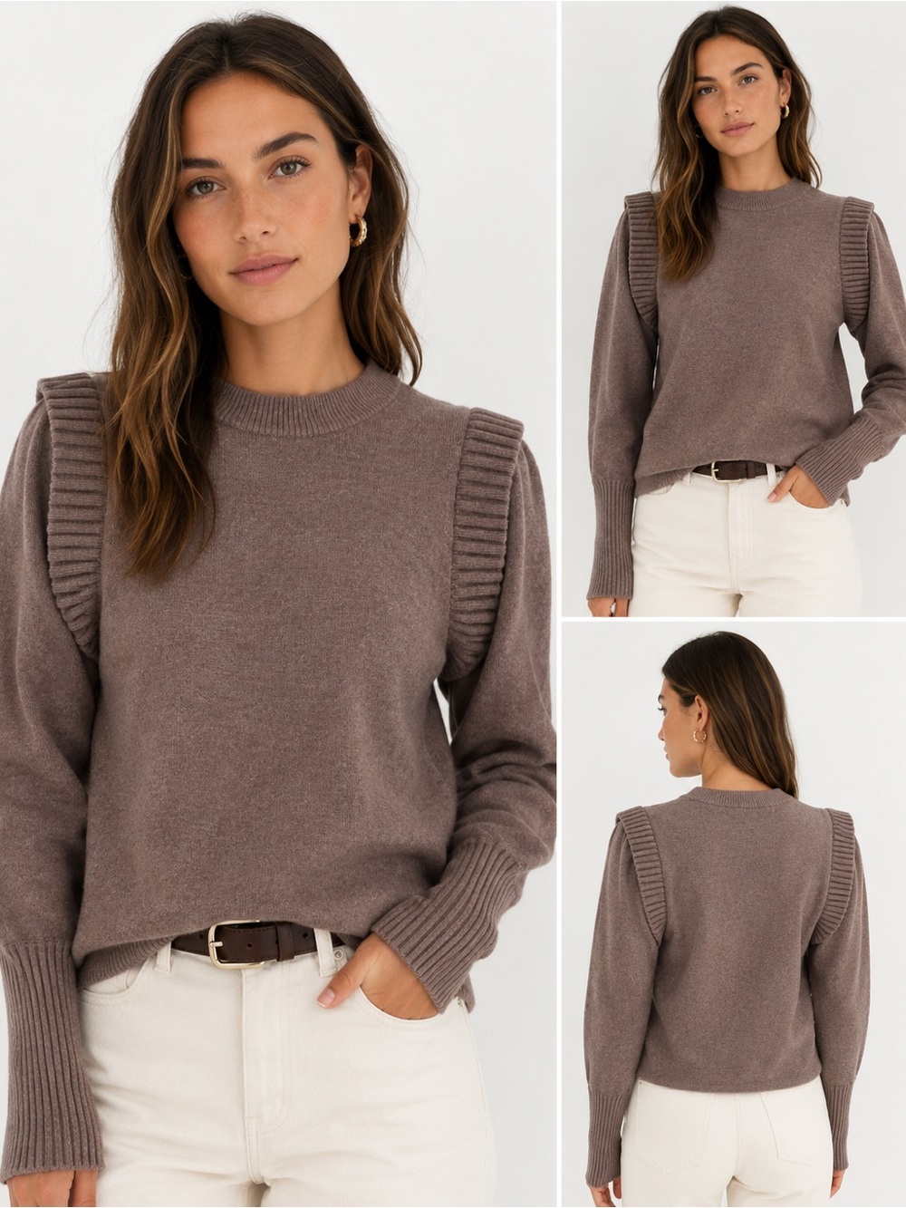 Sea New York Wool Blend Ruffle Shoulder Sweater Taupe XS